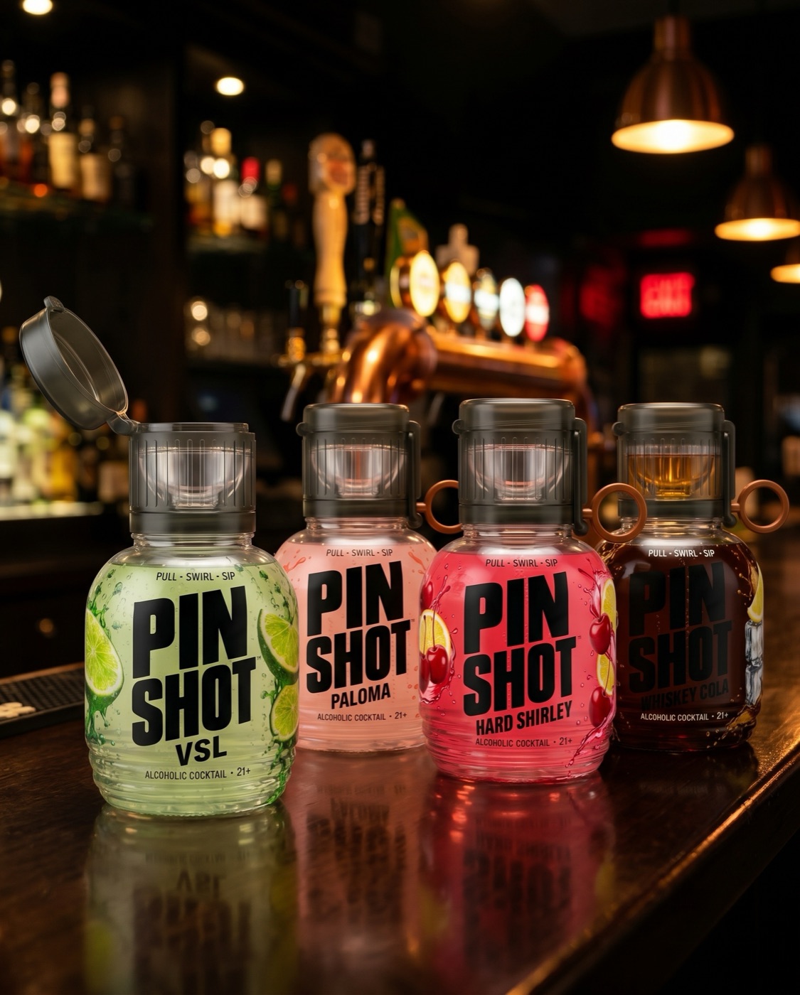 Four Pin Shot bottles on a bar counter at night, VSL opened