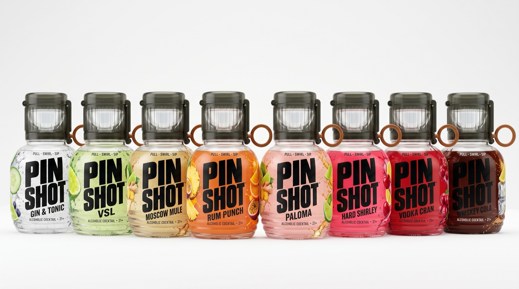 All eight Pin Shot flavors in a row